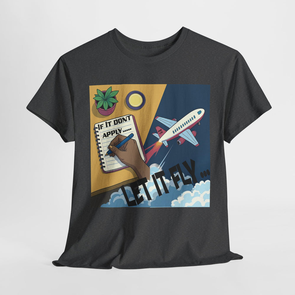 dark grey  t-shirt with a colorful graphic design on a white background
