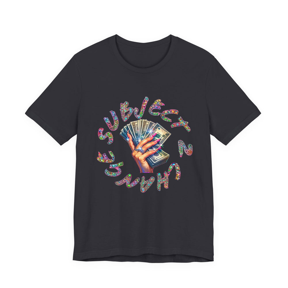 Black t-shirt with colorful graphic design on a white background