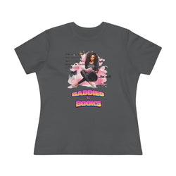 Dark gray t-shirt with a graphic design featuring a woman, text, and the phrase 'Gaddies N Books' on a white background.