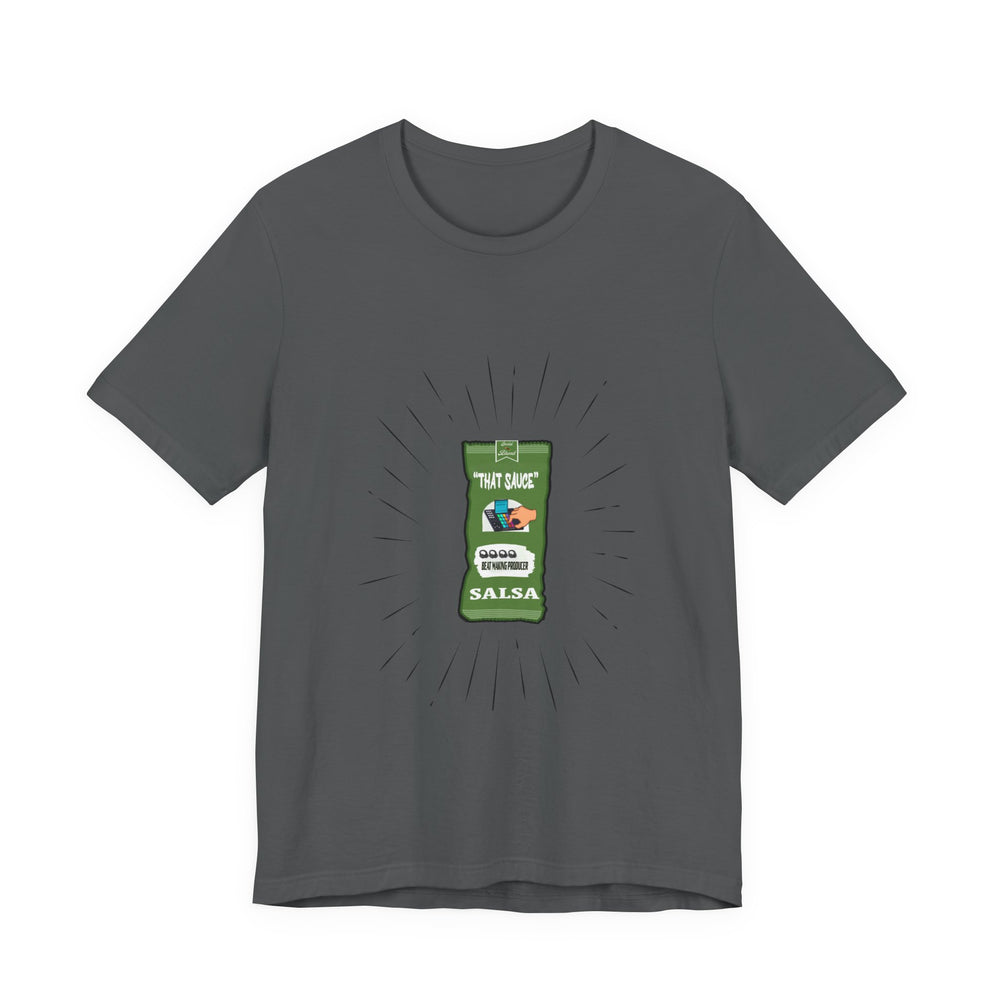 Deep Gray t-shirt with a graphic of a salsa bottle label on a white background
