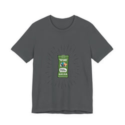 Deep Gray t-shirt with a graphic of a salsa bottle label on a white background