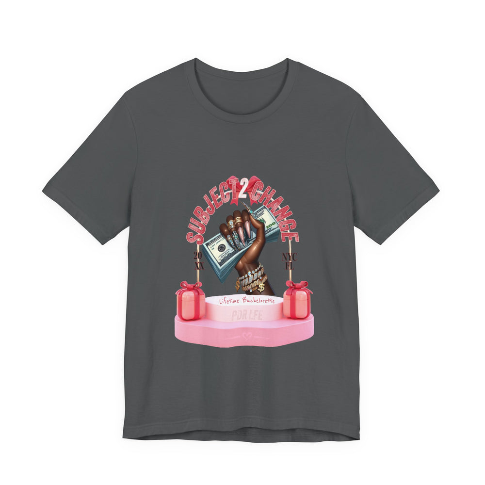 Deep HEather t-shirt with a graphic design of a hand holding money and text on a white background