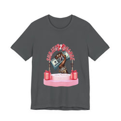 Deep HEather t-shirt with a graphic design of a hand holding money and text on a white background