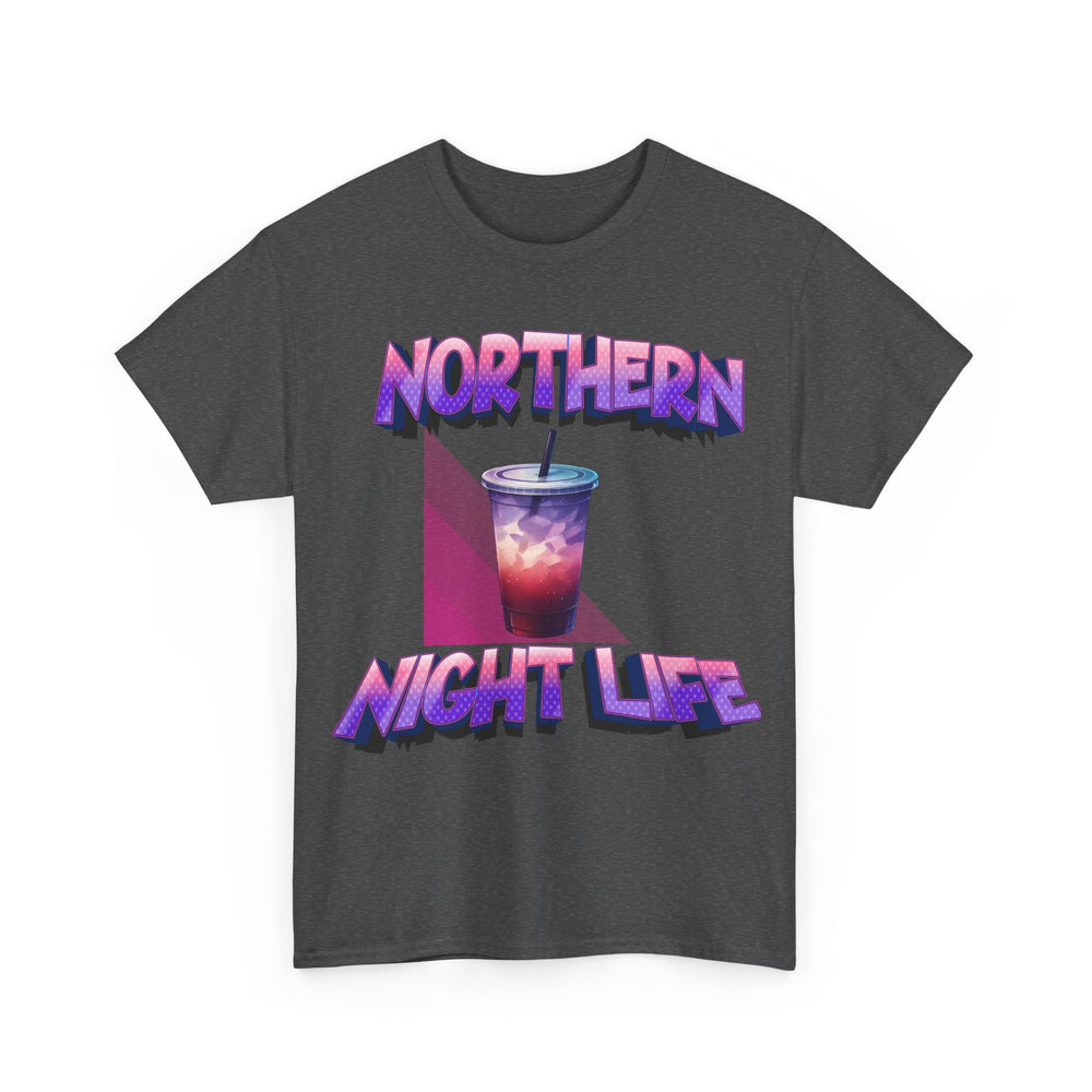 Deep Heather t-shirt with 'Northern Night Life' graphic design on a white background