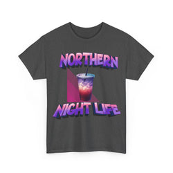 Deep Heather t-shirt with 'Northern Night Life' graphic design on a white background
