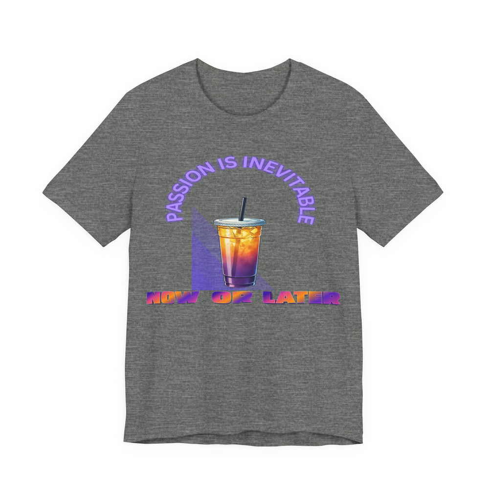 Deep Heather  t-shirt with a colorful graphic and text on a white background