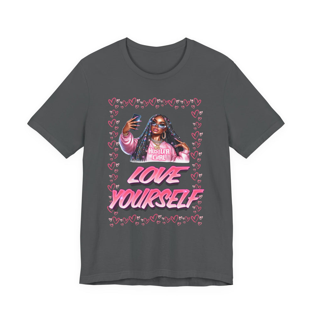 Deep Heather  t-shirt with a graphic design featuring a person and 'Love Yourself' text on a white background