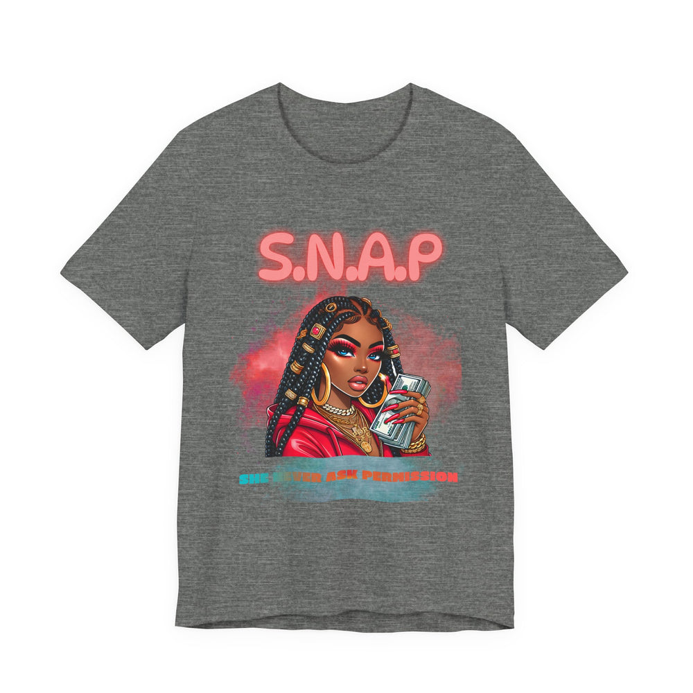 Deep Heather t-shirt with a graphic of a woman and 'S.N.A.P.' text on a white background
