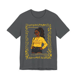 Deep Heather  t-shirt with a graphic of a woman in a yellow shirt labeled 'SELF MADE' on a white background