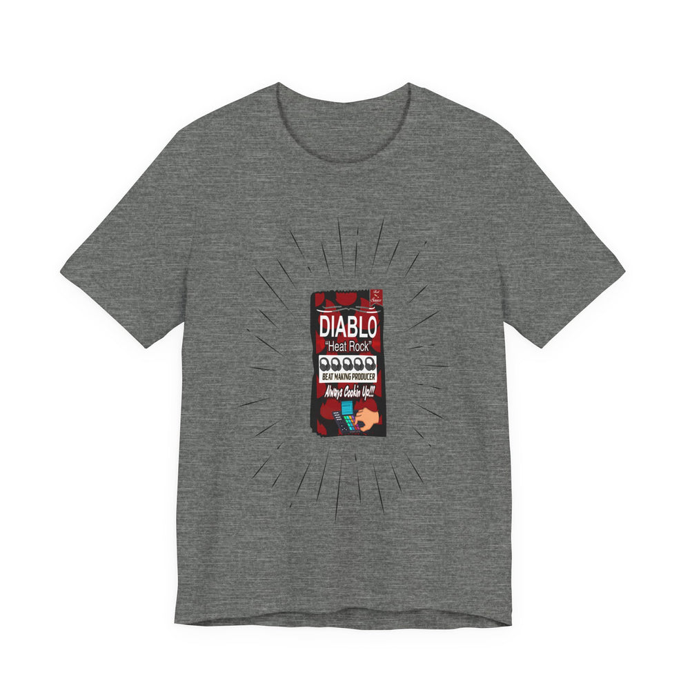 Deep Heather  t-shirt with a printed design on a white background