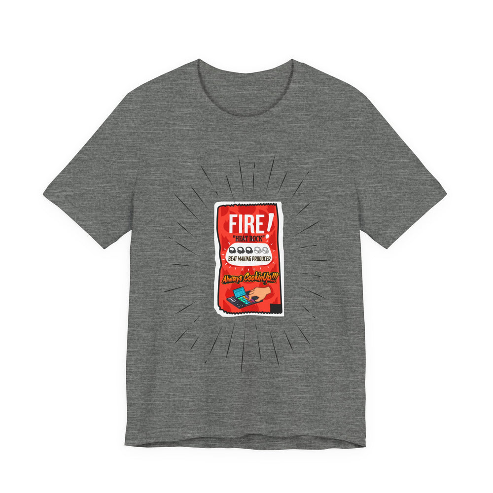 Deep Heather  t-shirt with a red and white graphic on a white background