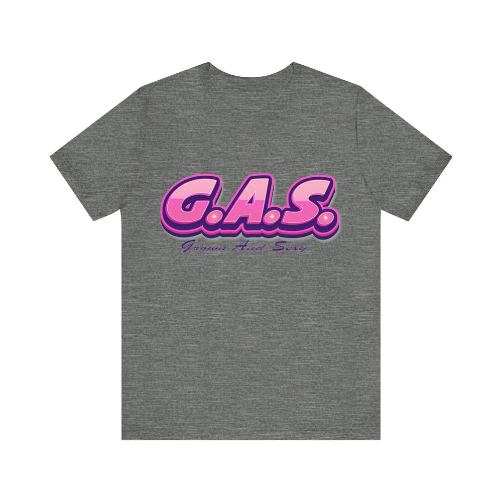 Deep Heather t-shirt with pink 'G.A.S.' logo on a white background
