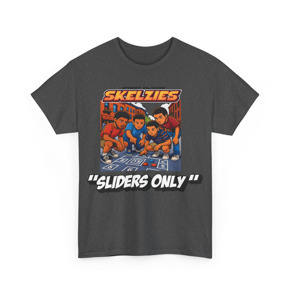 Drk heather  t-shirt with 'Skelzies' graphic and text on a white background
