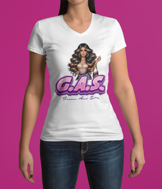 Female wearing white G.A.S. 2 wearing a white t-shirt with a graphic design and text on a pink background