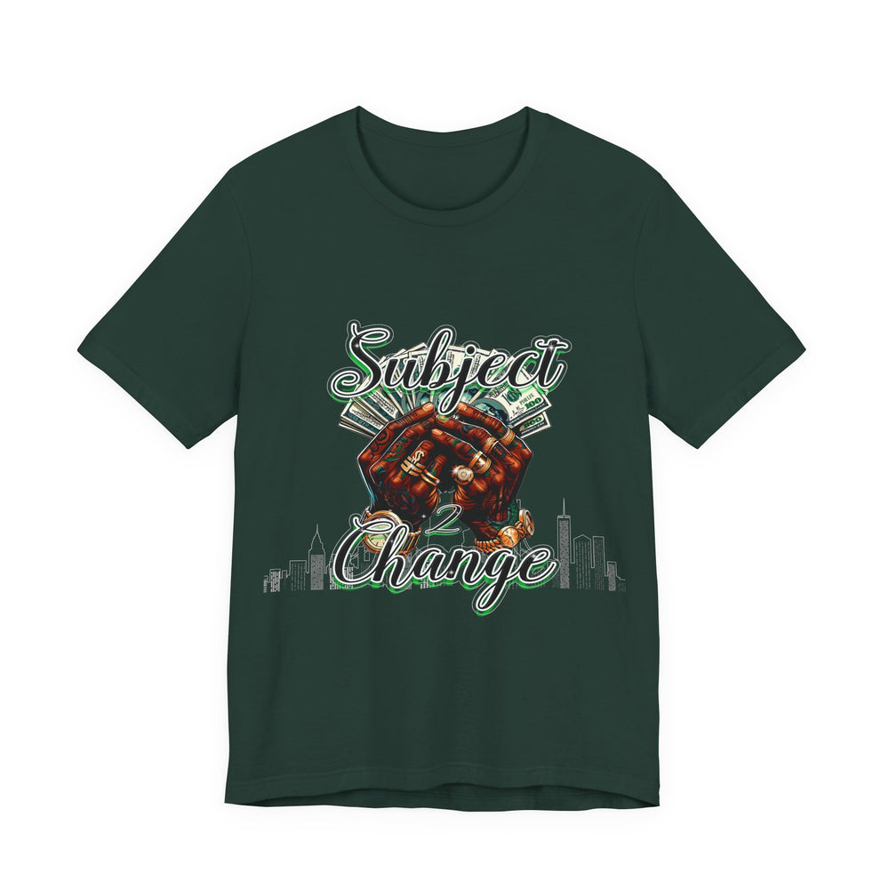 Forest green t-shirt with graphic design and text on a white background