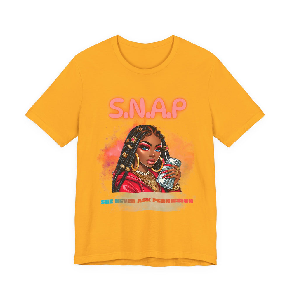 Gold t-shirt with a graphic of a woman and 'S.N.A.P' text on a white background