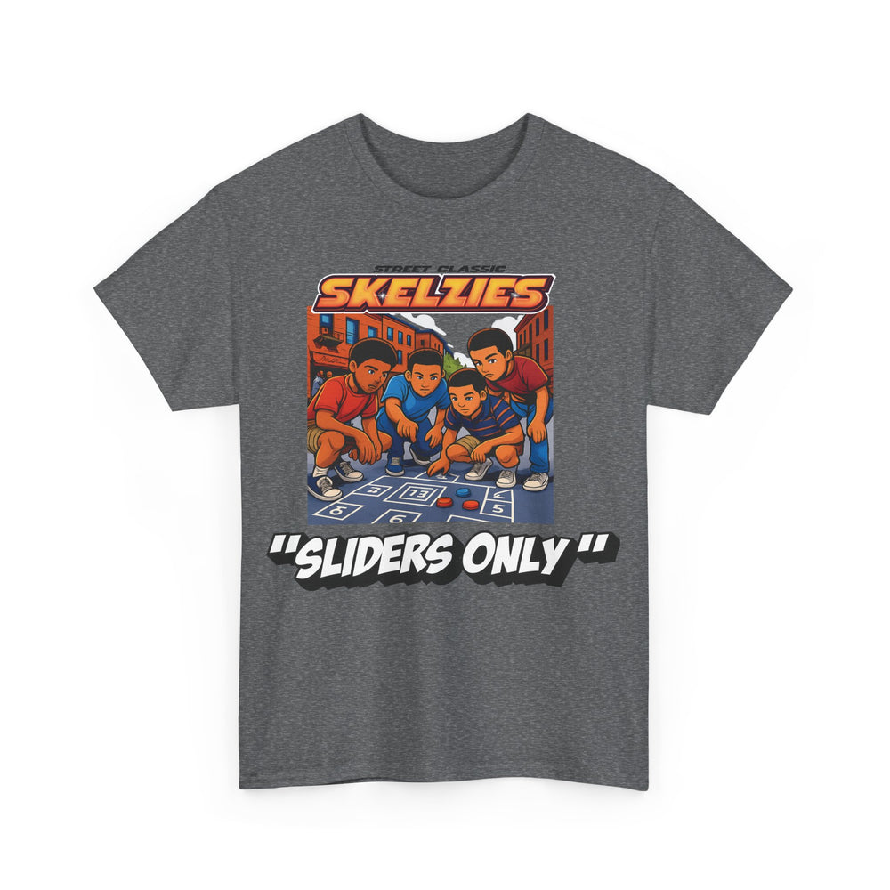 Graphite Heather t-shirt with 'Skelzies' graphic design on a white background
