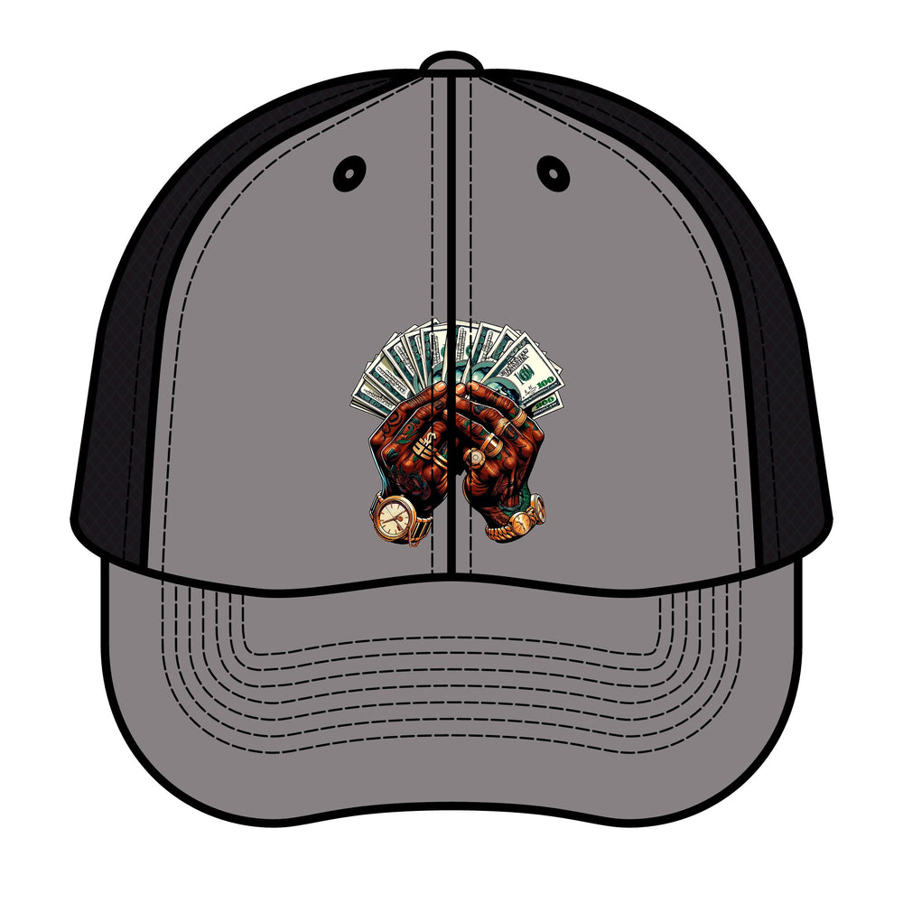 Gray cap with a design of hands holding money and a gold ring on a white background