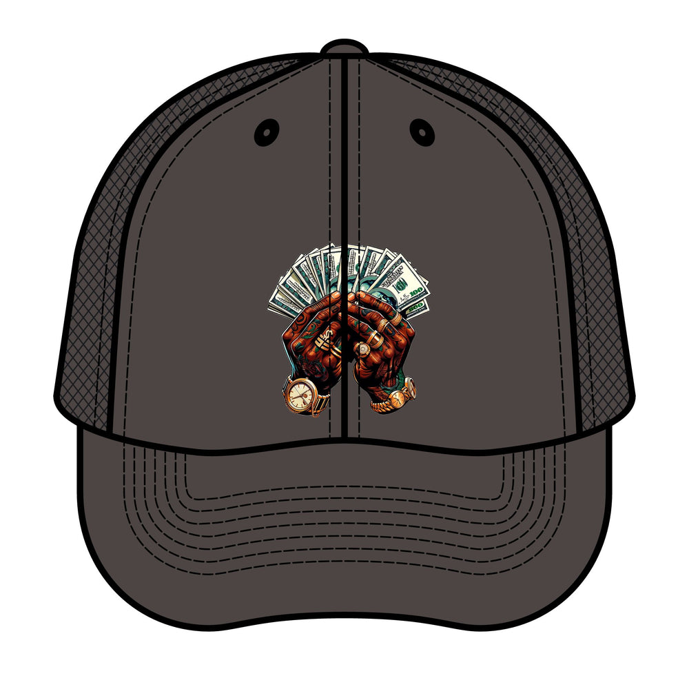 Gray cap with a graphic of hands holding money and a gold ring on a white background