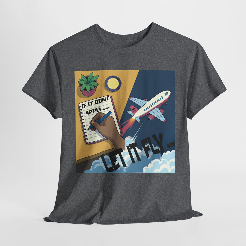 Gray t-shirt with a colorful graphic design on a white background