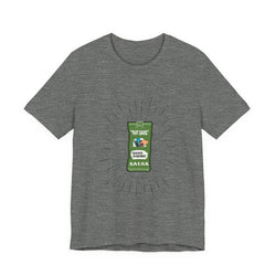 Gray t-shirt with a graphic design on a white background
