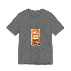 Gray t-shirt with a graphic of a snack packet on a white background