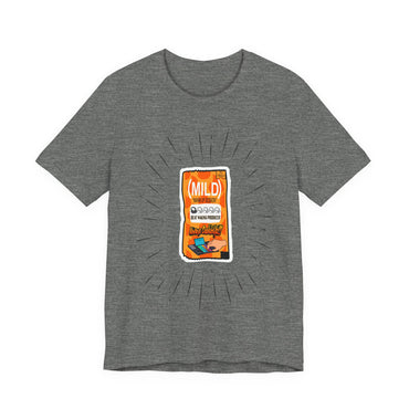 Gray t-shirt with a graphic of a snack packet on a white background