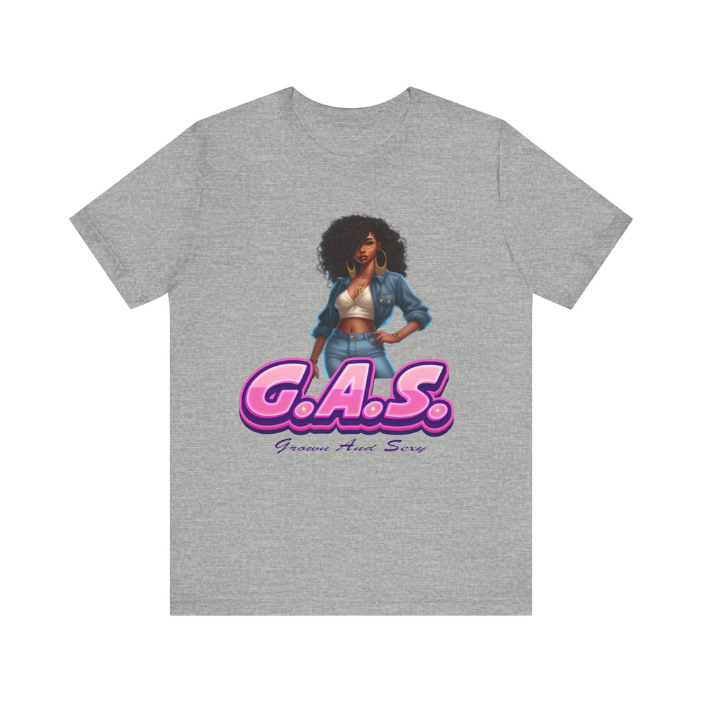 Gray t-shirt with a graphic of a woman and 'G.A.S.' text on a white background