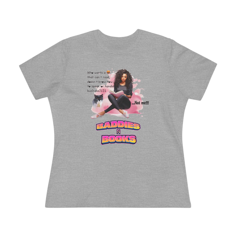 Gray t-shirt with a graphic of a woman, text, and 'Baddies N' Books' logo on a white background