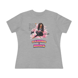 Gray t-shirt with a graphic of a woman, text, and 'Baddies N' Books' logo on a white background
