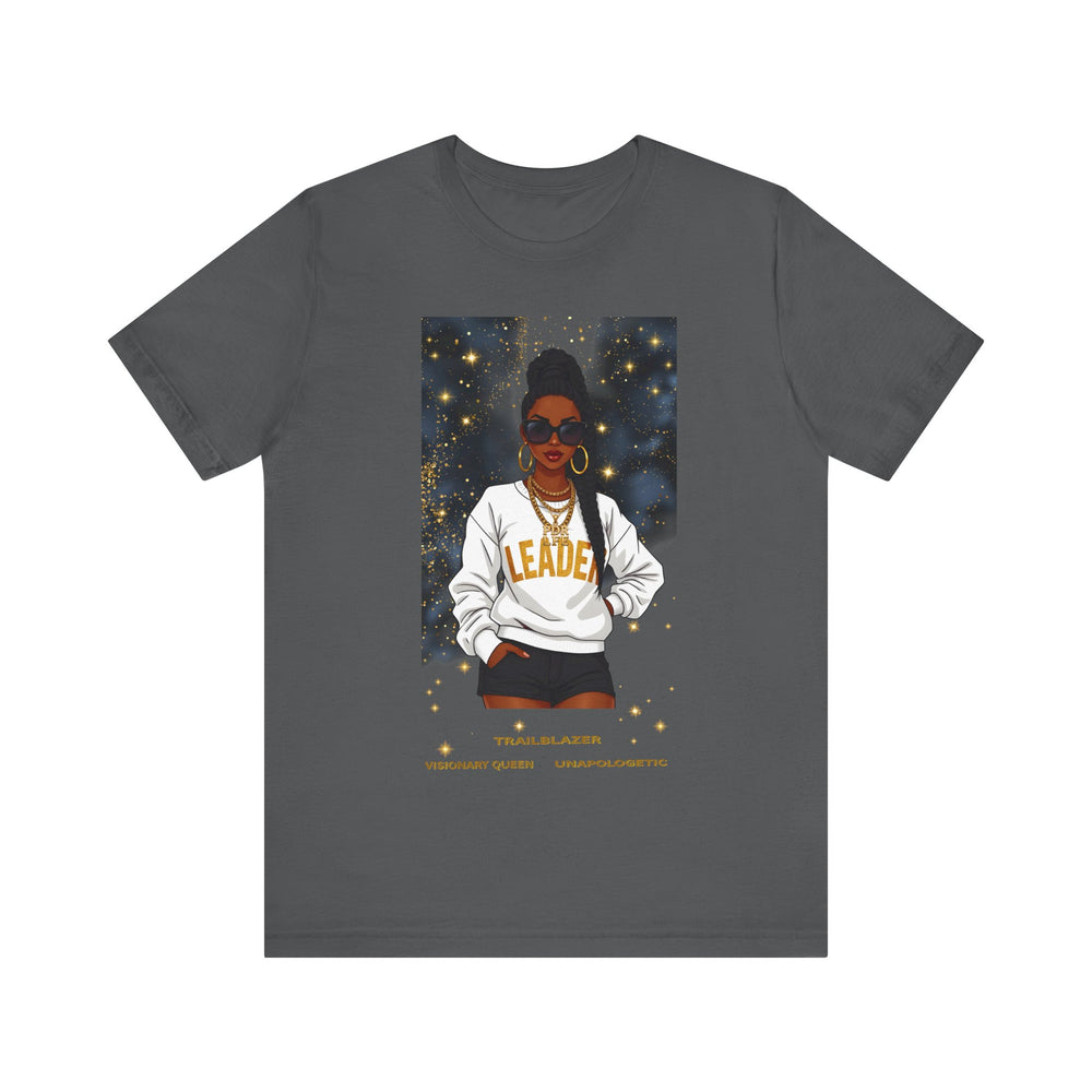 Gray t-shirt with a graphic of a woman wearing a 'Leader' sweatshirt on a white background