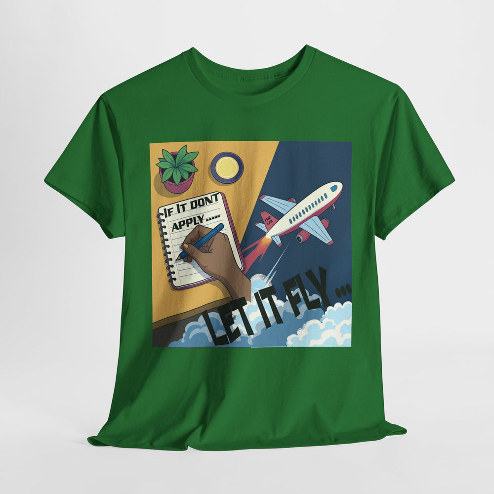 Green t-shirt with a colorful graphic design on a white background