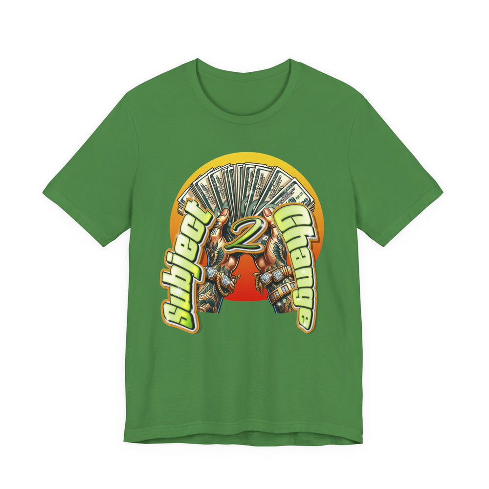 Green t-shirt with a graphic design on a white background