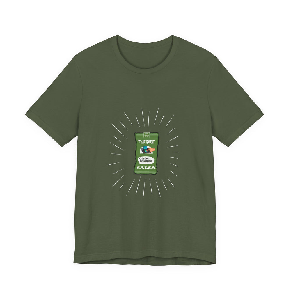 Green t-shirt with a graphic of a salsa jar on a white background