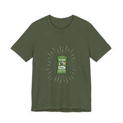 Green t-shirt with a graphic of a salsa jar on a white background