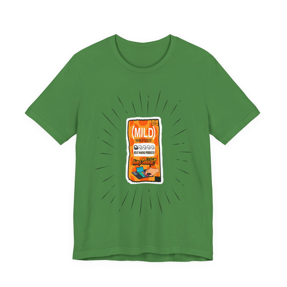 Green t-shirt with a graphic of a snack package on a white background