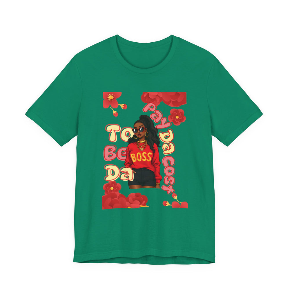 Green t-shirt with a graphic of a woman in a red sweater and text on a white background