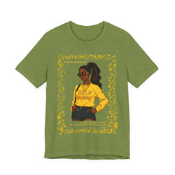 Green t-shirt with a graphic of a woman in a yellow shirt and text on a white background
