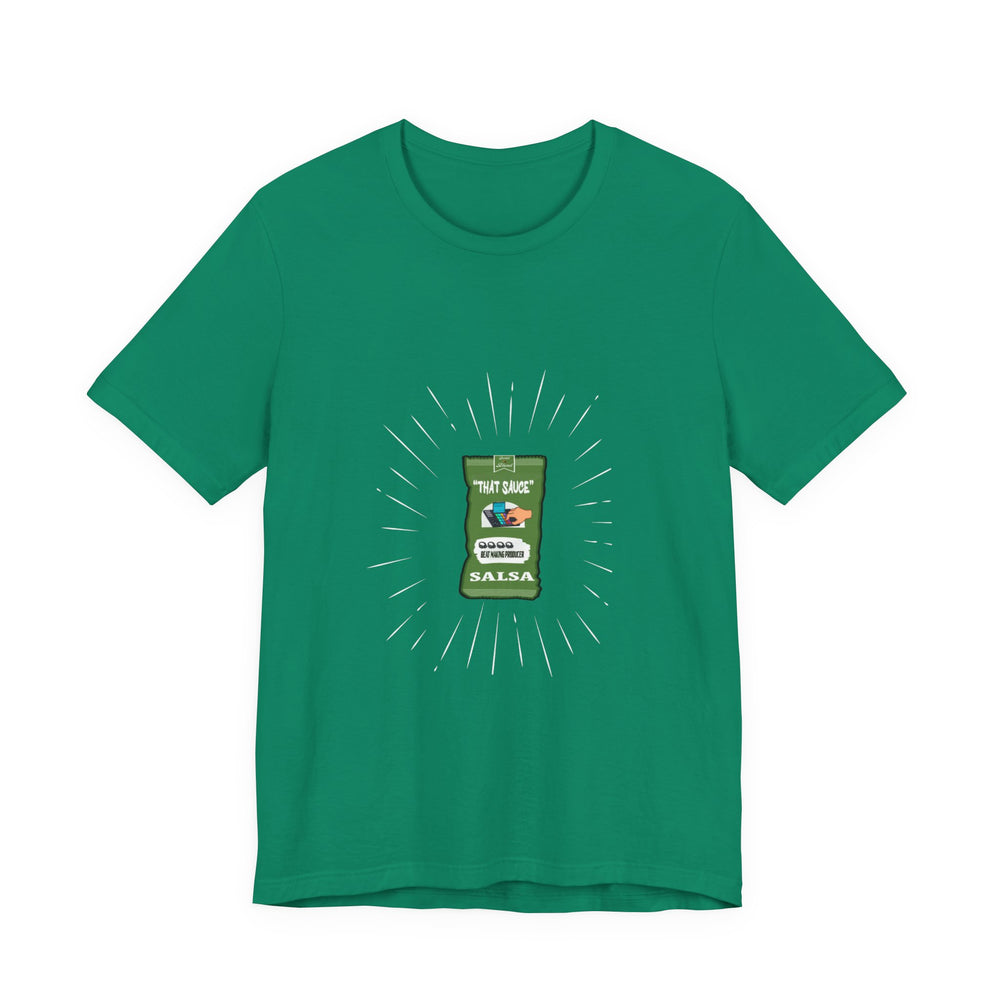 Green t-shirt with a salsa beat graphic design on a white background