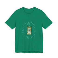Green t-shirt with a salsa beat graphic design on a white background