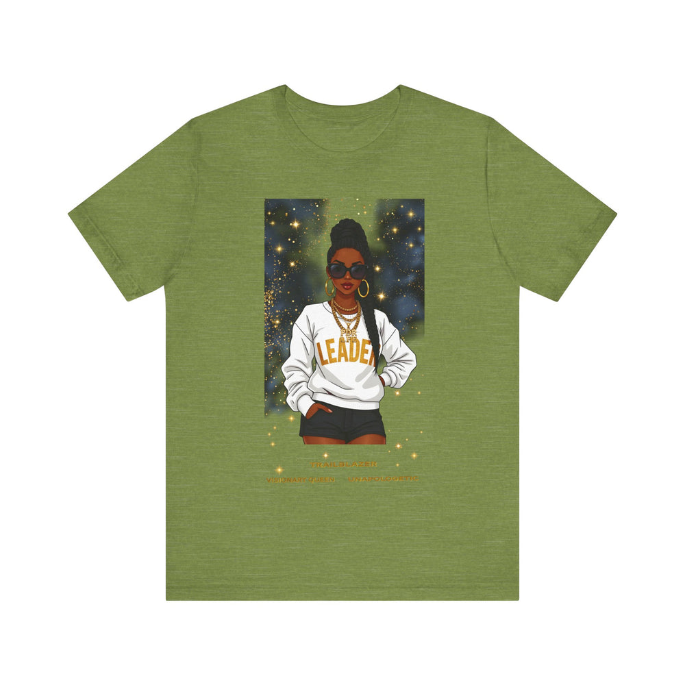 Green t-shirt with an illustration of a woman wearing a 'Leader' sweatshirt on a white background