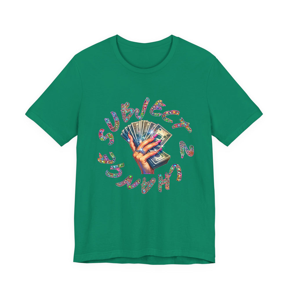 Green t-shirt with colorful graphic design and text on a white background