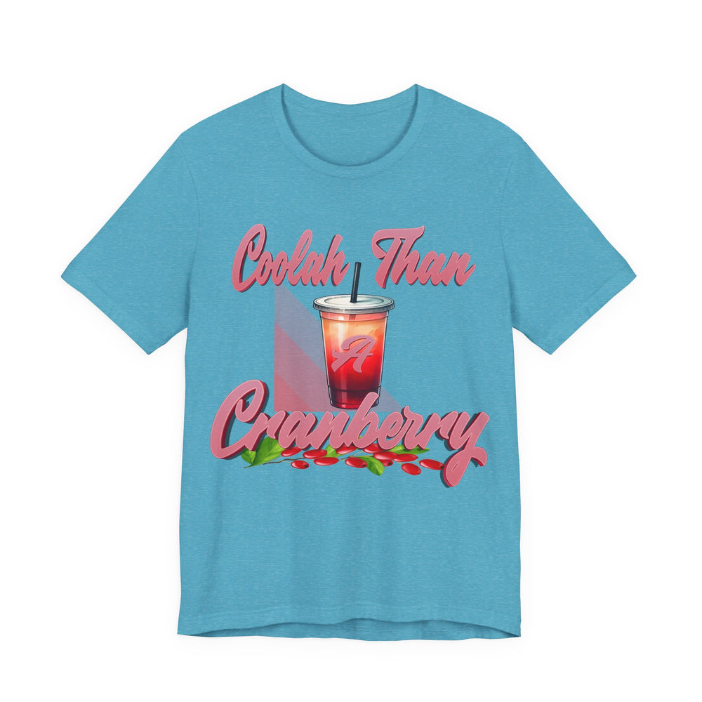 Heather Aqua  t-shirt with a graphic of a cranberry drink and text on a white background