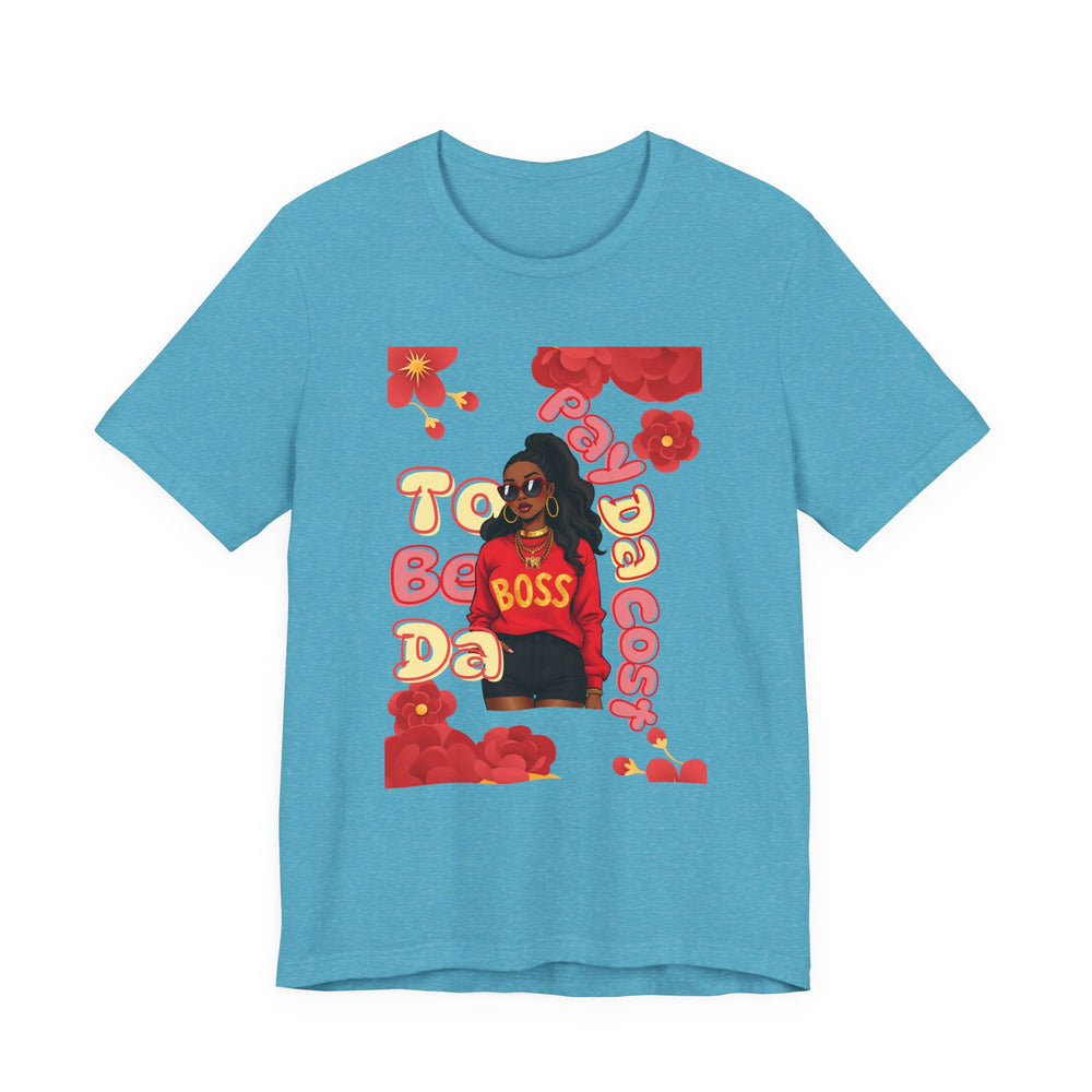 Heather Aqua  t-shirt with a graphic of a woman and text on a white background