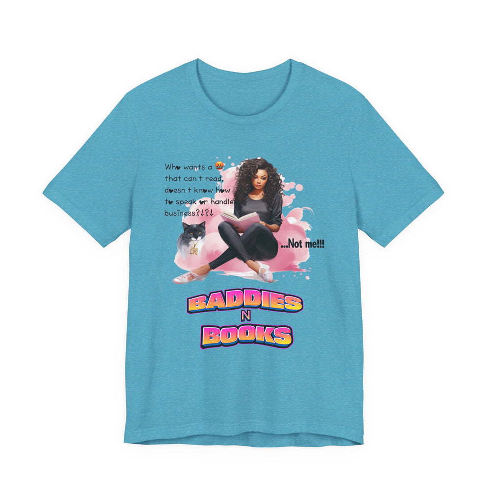 Heather Aqua  t-shirt with a graphic of a woman, cat, and text on a white background