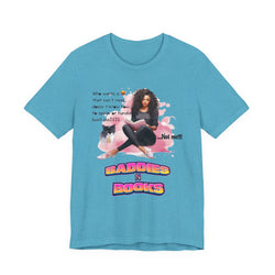 Heather Aqua  t-shirt with a graphic of a woman, cat, and text on a white background
