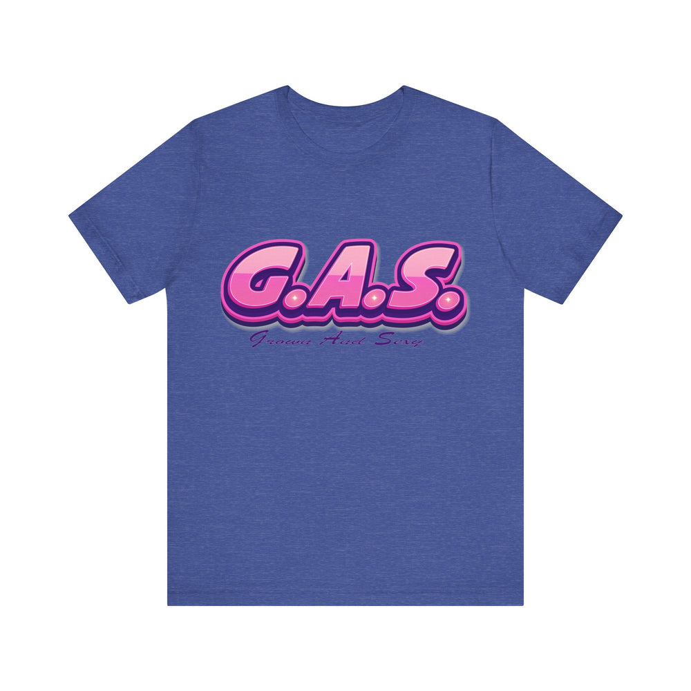 Heather Blue Columbia t-shirt with pink 'G.A.S.' text on a white background