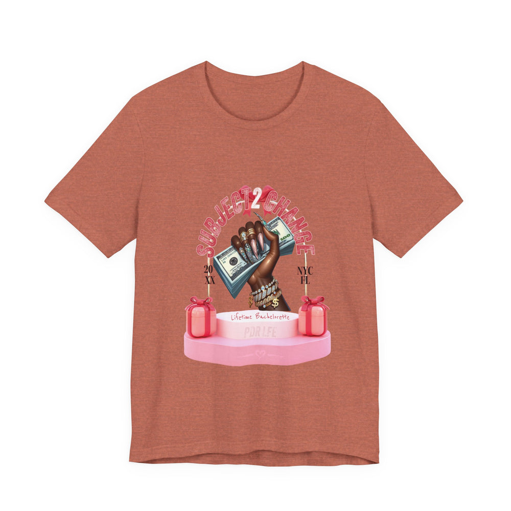 Heather Clay t-shirt with a graphic design of a hand holding money and presents on a white background