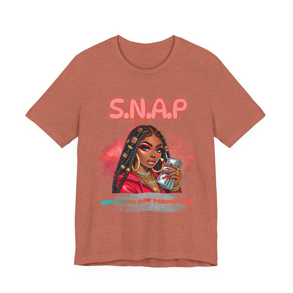 Heather Clay t-shirt with a graphic of a woman and 'S.N.A.P' text on a white background