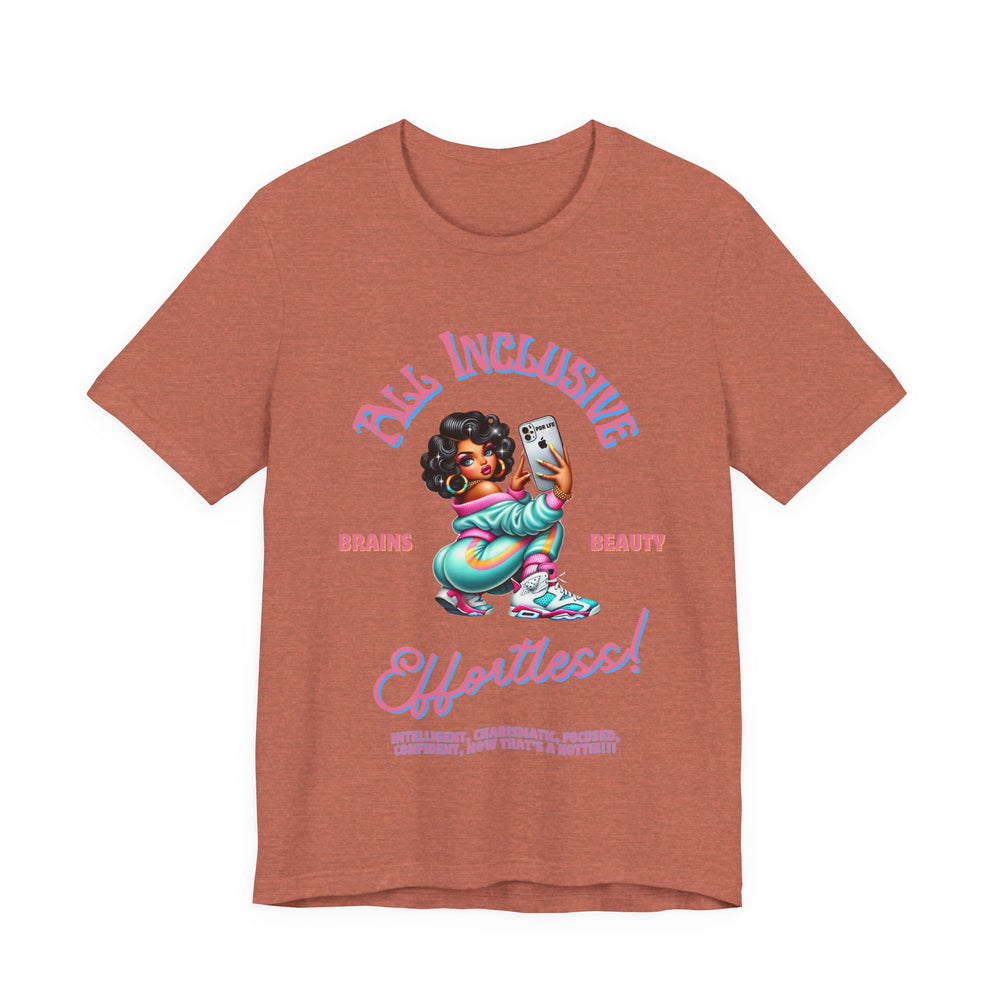 Heather Clay t-shirt with graphic design and text Brains n Beauty  on a white background